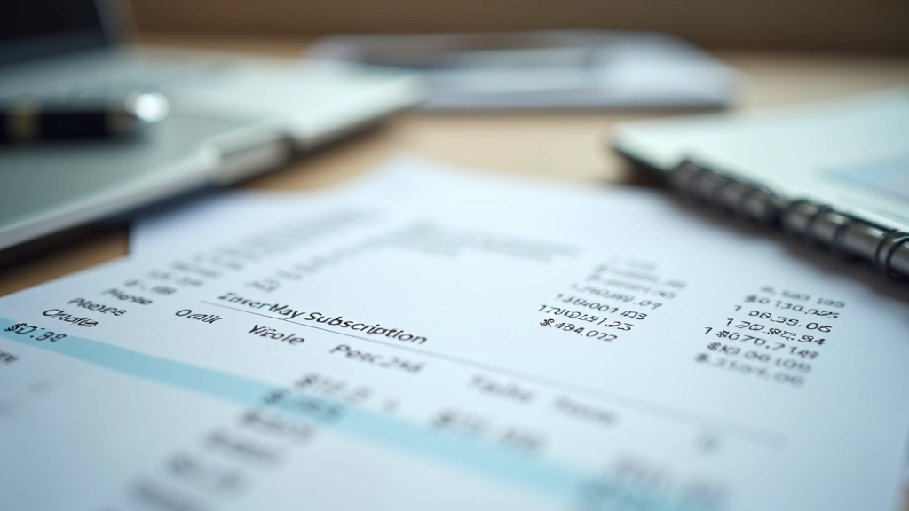 Bank statements and financial documents spread on desk showing subscription charges