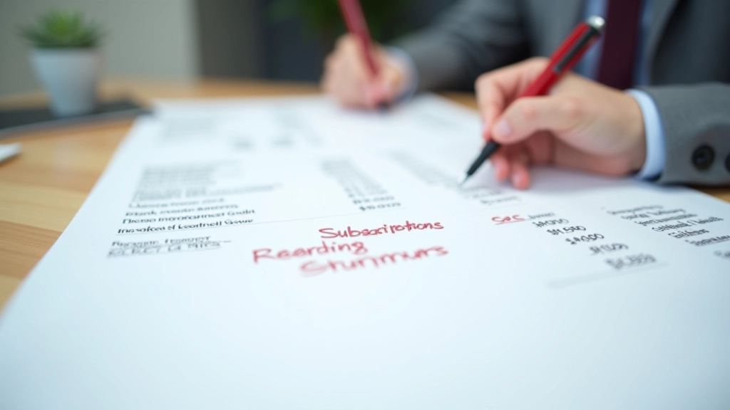 Close-up of bank statement with highlighted recurring charges circled in red pen