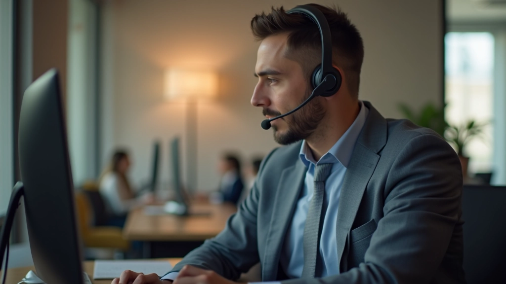 Customer service representative wearing headset at modern office workspace