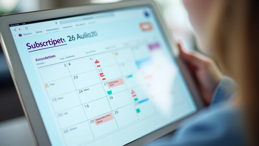 Digital calendar with subscription renewal dates marked and color-coded by category and renewal timing
