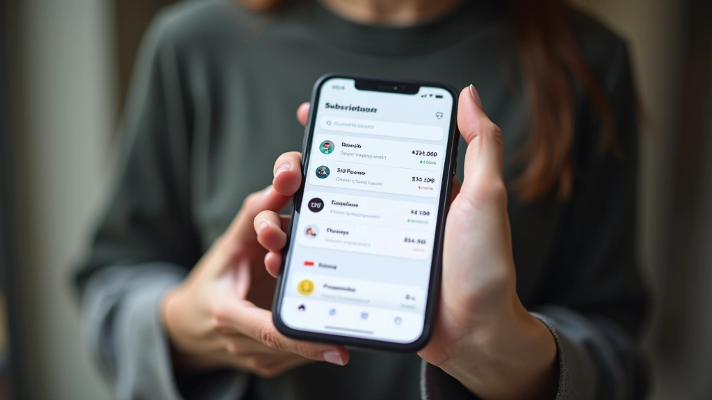 Person holding smartphone displaying a budgeting app with subscription list and payment tracking dashboard