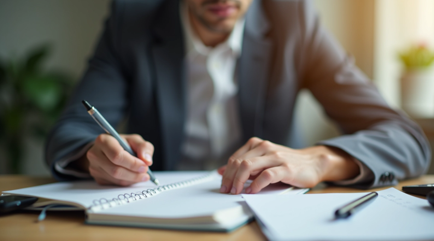 Person on phone with notebook and pen, discussing service rates at home office desk