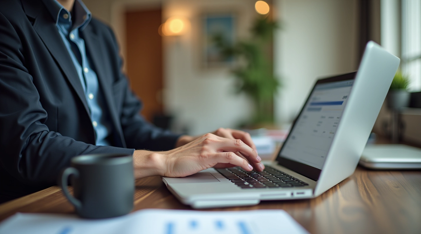Person reviewing bank statements and subscription charges on laptop in home office